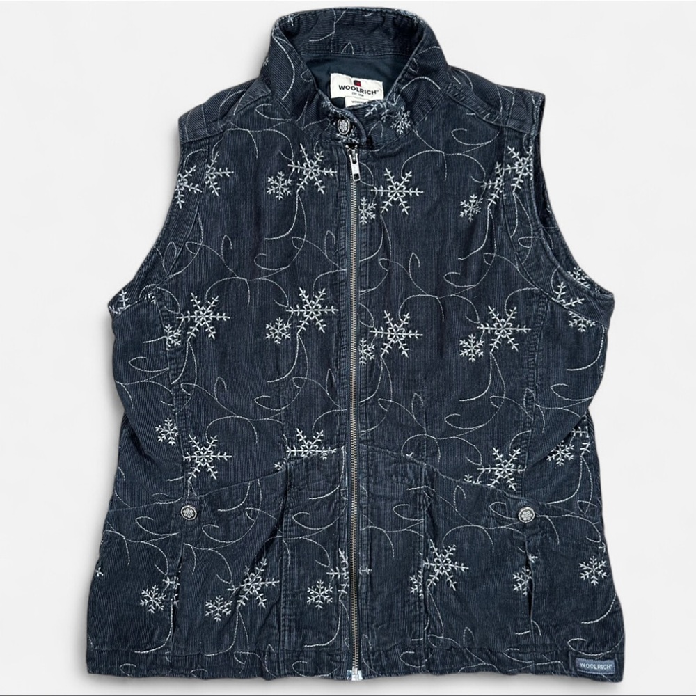 Woolrich Charcoal Snowflake Patterned Embroidered Vest 100% Cotton Women’s Med